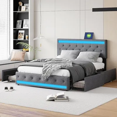 Zdjęcie produktu dla Łóżko tapicerowane, podwójne, 160x200 cm, z 4 szufladami; łóżko podwójne, 160x200 cm, z oświetleniem LED; łóżko z szufladami i miejscem do przechowywania; stelaż łóżka; tkanina lniana; bez materaca; kolor: ciemnoszary