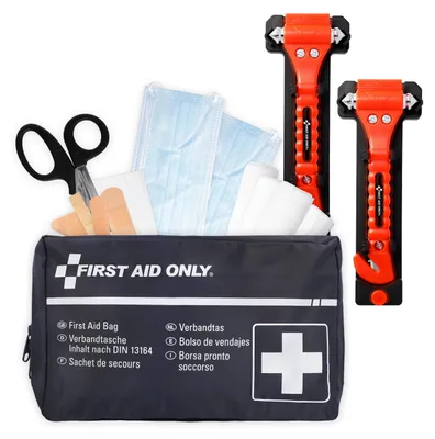 Produktbild von First Aid Only Kfz Verbandtasche DIN 13164 | 2-in-1 Notfallhammer mit Gurtschneider (2 Stück) | Auto Notfallset