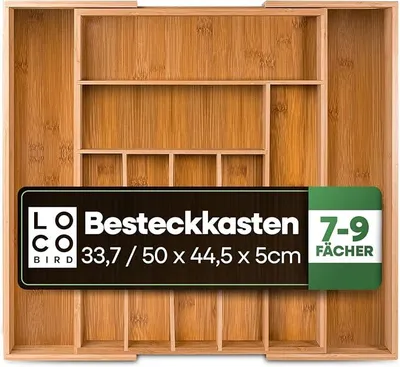 Produktbild von PolkaHome® Besteckkasten aus Bambus für Schubladen – bis zu 9 Fächer, Organizer für Küchenladen, Holz-Besteckteiler