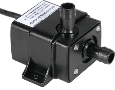 A black mini DC brushless water pump with a label attached.