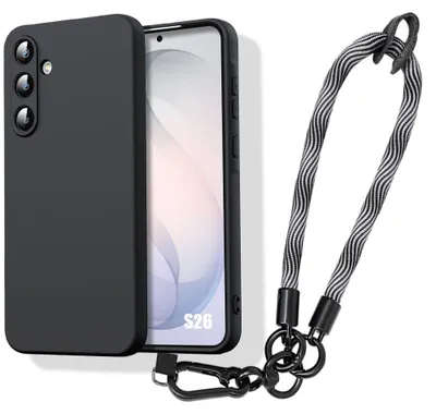 Image de Coque pour Samsung Galaxy S26, Protection Silicone Antichoc Noir avec Bracelet Amovible Gris