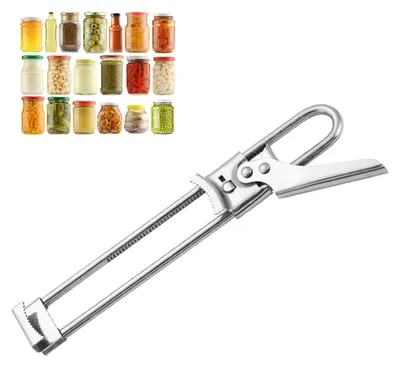 A jar opener tool is shown next to a collage of various jars of food.