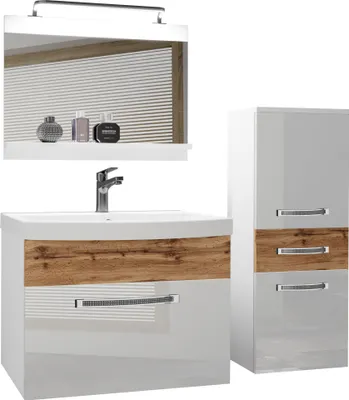 Produktbild von BELINI Badmöbel Vollausstattung Set Waschbeckenschrank, kleiner Schrank, Waschbecken, Spiegel, Lampe (Weiß / Wotan Eiche, Glänzend und Matt)