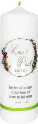 Produktbild von Hochzeitskerze "Blütenreif und Spruch" 220 x Ø 70 mm mit Namensverzierung