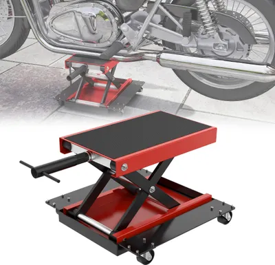 Zdjęcie produktu dla UISEBRT Podnośnik motocyklowy 500 kg, podnośnik motocyklowy z rolkami, stojak montażowy, pomoc przy manewrowaniu, regulowana wysokość 12,5-35 cm, czerwony
