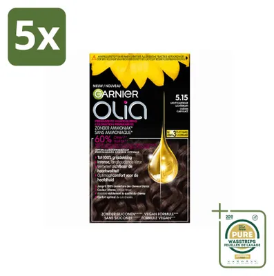 Imagen del producto de 5 unidades de tinte para el cabello Garnier Olia 5.15, color castaño claro, sin amoníaco, pack ahorro