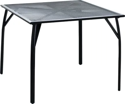 A square outdoor table with a mesh top and black metal legs, shown against a white background.