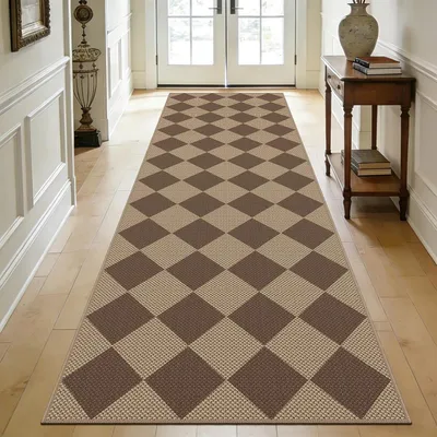 Obrázek produktu pro Koberec, rozměry 80 x 300 cm, hnědý, s geometrickým vzorem, vzhled jutoviny, protiskluzový a omyvatelný