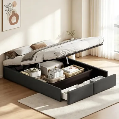 Immagine prodotto di Letto imbottito INONEFT, 140x200 cm, senza testiera, letto matrimoniale per ragazzi, con rete a doghe, letto idraulico tipo boxspring con 2 cassetti, tessuto in lino, colore grigio