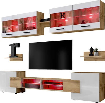 Obrázek produktu pro Nástěnná skříňka, obývací sestava RTV Foggia, korpus Wotan matná barva čela bílý vysoký lesk, LED RGB