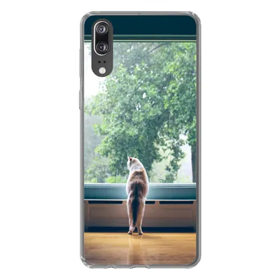 Produktbild von MuchoWow® Handyhülle Schutzhülle Hülle für Huawei P20 Katze - Fenster - Pflanzen Silikon Softcase Handy Hülle - Hardcover