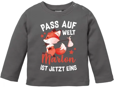 Produktbild von Baby Langarmshirt personalisiert mit Namen und Zahl 1 2 3 Geburtstagsshirt Fuchs Geschenk Geburtstag Junge/Mädchen Moonworks® dunkelgrau 92/98 (16-24-Monate)