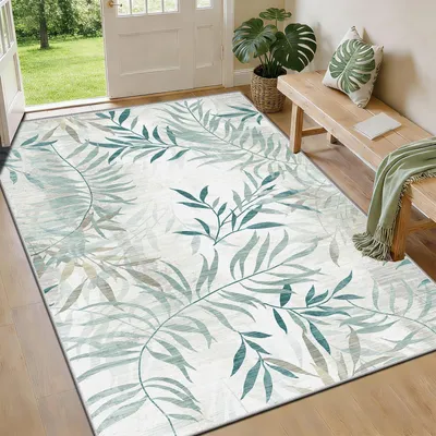 Produktbild von Waschbarer Teppich mit botanischem Design für das Wohnzimmer, 60 x 90 cm