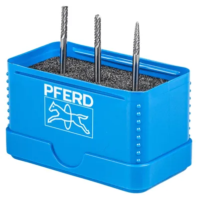 Produktbild von PFERD Hartmetall Kleinfrässtift Set 3-tlg. Zahnung 3 PLUS Ø 3mm Schaft-Ø 3mm universal mittel kreuzverzahnt, Wolframcarbid, Eisenguss, Edelstahl, 1 Stück(e), 3 mm, 3 mm