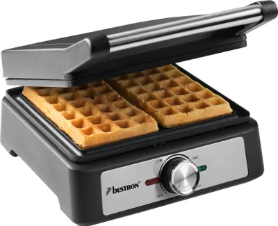 Produktbild von Bestron Waffeleisen für belgische Waffeln, Brüsseler Waffeleisen für zwei dicke Waffeln, mit Antihaftbeschichtung & Cool Touch Handgriff, Black Label Kollektion, Farbe: Mattschwarz