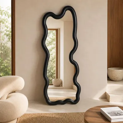Produktbild von Spiegel Ganzkörperspiegel Standspiegel Wellenförmiger Spiegel Ankleidespiegel Kleiderspiegel Spiegel in Sonderform Schwarz 160*60cm【YDYX-H793】