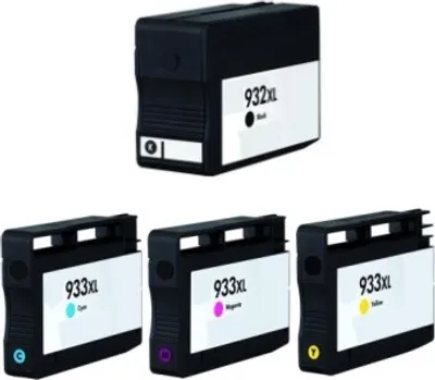 A set of four ink cartridges for a printer, including one black and three color cartridges.
