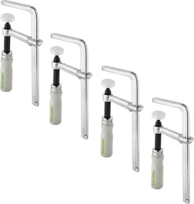 Four Festool clamps are arranged diagonally on a white background.