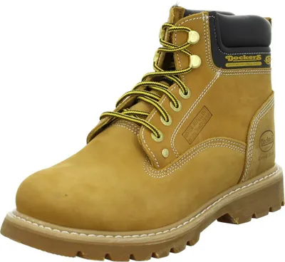 A single brown work boot with yellow laces is shown against a white background.