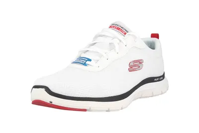 A white Skechers sneaker is shown from a side-angle on a white background.