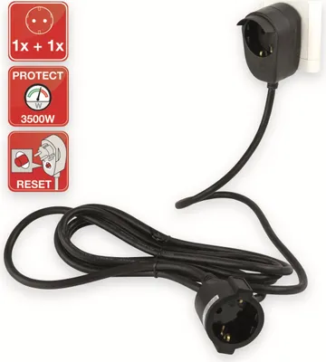 A black power extension cord with a plug and socket, shown with informational icons on the left.