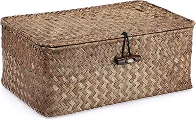Produktbild von 2pcs Aufbewahrungskorb aus Seegras mit Deckel aus gewebtem Seegras für den Schreibtisch, für Badezimmer, Aufbewahrungsbox, Regale dekorativer Korb, Mehrzweck-Aufbewahrungskorb (Kaffee, klein)