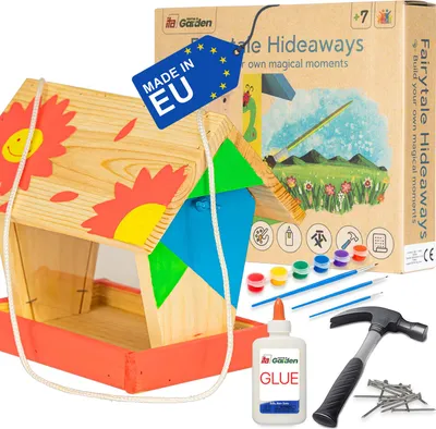 Produktbild von ITA DIY Futterhaus für Vögel zum Zusammenbauen und Bemalen FlybyFeeder - Vogelhaus Komplett Bausatz mit Hammer, Nägeln, Farben zum Bauen und Malen für Kinder - Bastelset für Jungen & Mädchen