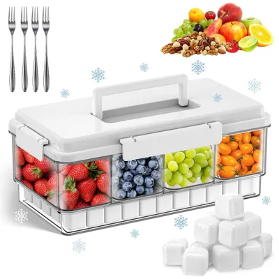 Produktbild von Kunststoff Snackbox auslaufsicher mit 4 Schalen und Deckel 32.2X17X13cm - Snack Container mit Kühlfunktion Snack Transportbox luftdicht mit 4 Fächern