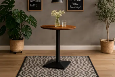 Produktbild von Bistrotisch rund mit Schweizer Kante Akazienholz nussbaum massiv 70 cm Säulengestell schwarz BRASILIA
