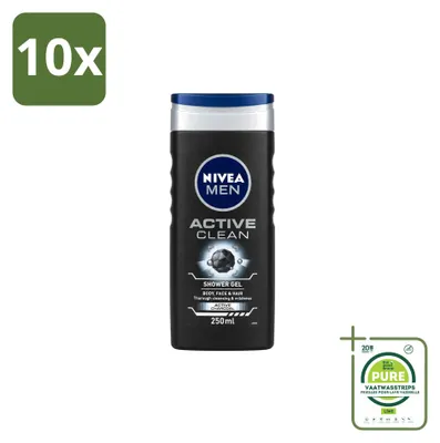 Immagine prodotto di 10 flaconi di gel doccia Nivea Men Active Clean - 250 ml - confezione grande - 10 pezzi