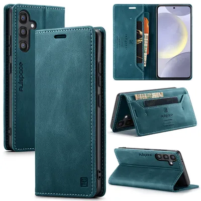 Immagine prodotto di Custodia per Samsung Galaxy S25, custodia retrò in Finto cuoio, supporto e custodia protettiva blu
