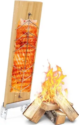 Produktbild von Geflammtes Lachs-Räucherbrett, Lachs-Räucherbretter mit Edelstahlhalterung, Zedernholz-Räucherbrett, tragbares Räucherbrett, Grillzubehör für Feuerschalen und Kugelgrills, beidseitig verwendbar, wiederverwendbar