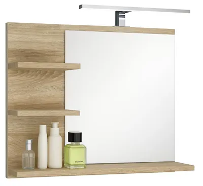 Produktbild von Badspiegel 3 Ablagen Badezimmerspiegel Spiegel Regal Wandspiegel Hängespiegel Badmöbel Spiegel Flurspiegel für Schlafzimmer Sonoma 60X50 LED - Links
