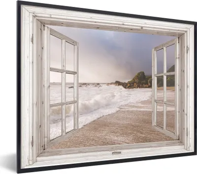 Produktbild von MuchoWow® Gerahmtes Poster Aussicht - Strand - Meer 80x60 cm - Poster mit Schwarzem Bilderrahmen Wandposter Rahmen Foto Bilder - Schwarzem - Mit Gestell