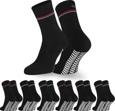 Produktbild von OCERA 6 Paar Thermo Stoppersocken mit ABS - Anti Rutschsocken mit Innenfrottee für Damen und Herren - Schwarz mit bunten Ringel 35-38