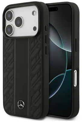 Immagine prodotto di Custodia iPhone 17 Pro Mercedes in vera pelle nera con logo in metallo MagSafe