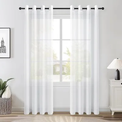 Produktbild von Rideaux Voilage Blanc 140x235cm(Largeur x Hauteur)en Effet Lin - Rideau Oeillets Decor Salon Semi-Transparent Lot de 2