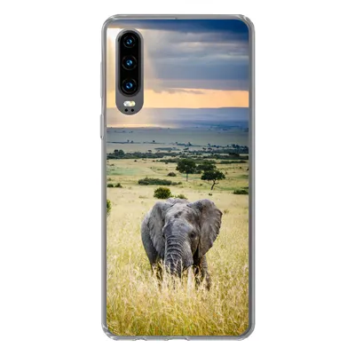 Produktbild von MuchoWow® Handyhülle Schutzhülle Hülle für Huawei P30 Elefant - Tiere - Landschaft - Sonne - Natur Silikon Softcase Handy Hülle - Kartenbesitzer