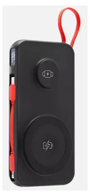 A black power bank with a red strap and cable is shown against a light gray background.