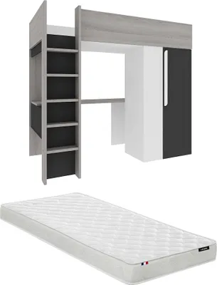 Produktbild von Zwischengeschossbett 90 × 200 cm mit Kleiderschrank und Schreibtisch - Anthrazit und Weiß + Matratze - NICOLAS II