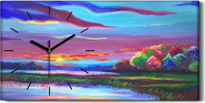 Produktbild von Wanduhr Leinwand Bild Uhr Geräuschlos 60x30 Fantasie Landschaft bunte Malerei - schwarze Hände