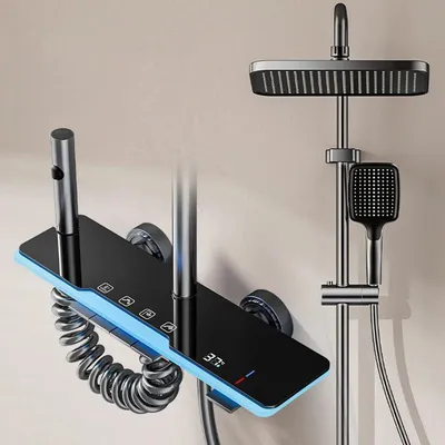 Immagine prodotto di Set doccia per il bagno - Sistema doccia a pioggia - Indicatore di temperatura LED - Miscelatore con comandi a pressione - Altezza regolabile - Soffione quadrato - Acciaio inossidabile cromato - Grigio, acqua calda e fredda