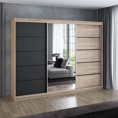 A modern sliding door wardrobe with a mix of wood-look and black panels, and a mirrored section.