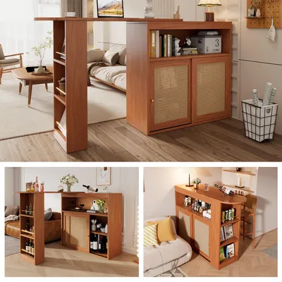 Produktbild von Fortuna Lai Ausziehbarer Bartisch mit Stauraum , Rattangeflecht auf den Türfronten,verstellbare Ablagen,Stehtisch Bistrotisch  Hochtisch Kücheninsel Küchentisch klein Hausbar (138-193×39×104cm)