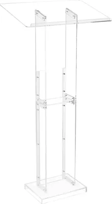 A clear, professional studio shot of a transparent acrylic podium.