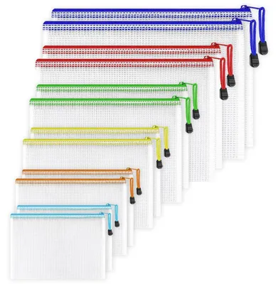 Productafbeelding van Documententasjes met rits, 12 stuks, waterdicht, PVC, met gaas, 6 formaten, 6 kleuren