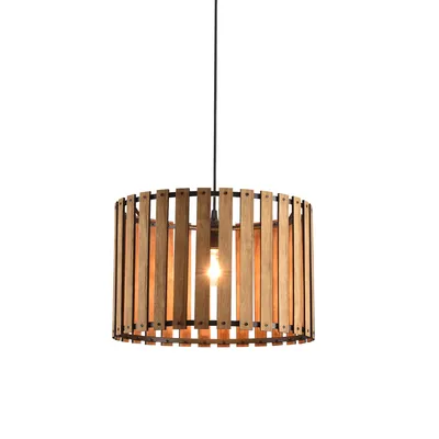 A pendant light with a wooden slatted shade.