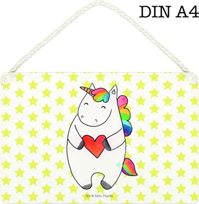 Produktbild von Mr. & Mrs. Panda Schild Einhorn Herz DIN A4 - Weiß - Geschenk, Freundin, wandtafel, Wandbild Holz, Lustig, kleine aufmerksamkeit, Unicorn, Einhörner, hängeschild