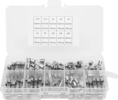 Produktbild von 100-teiliges Sortiment an Glassicherungen für Industriebedarf, 5 x 20 mm, 0,2/0,5/1/2/3/5/8/10/15/20 A