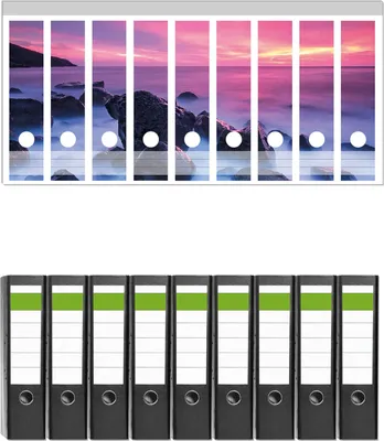 Produktbild von Wallario 9 Stück breite Ordner inkl. Klebeetiketten mit Motive Felsen im Meer bei Sonnenuntergang -  Set mit Rückenschildern / Ordnerrücken Stickern